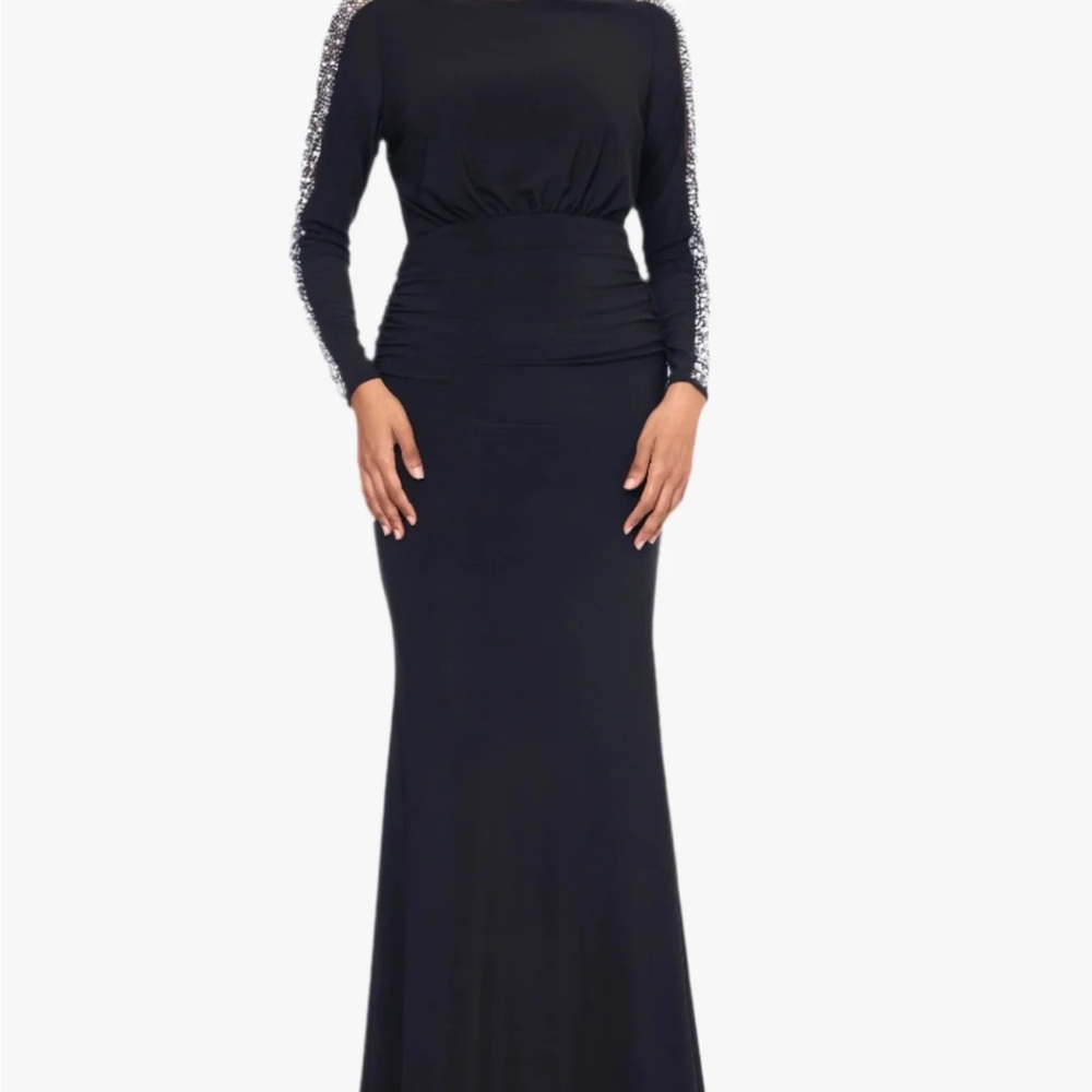 Betsy & Adam Black Long Sleeve Gown with Silver Accents